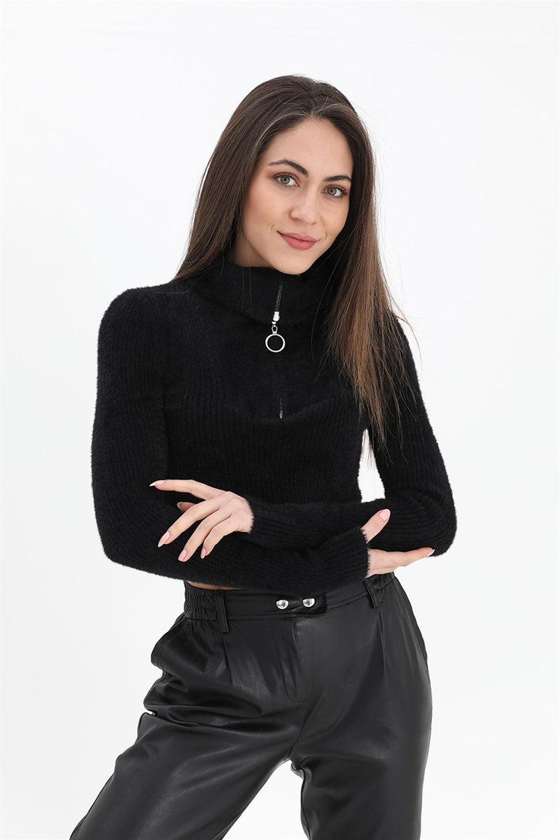 Women's Zipper Corduroy Knitwear Sweater - Black - STREETMODE™