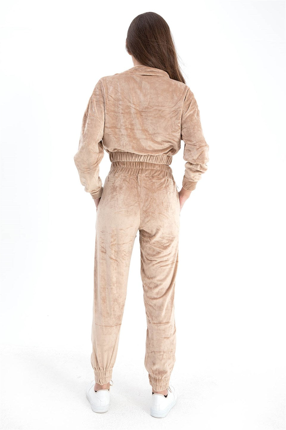 Women's Zippered Velvet Tracksuit Suit - Beige - STREETMODE™