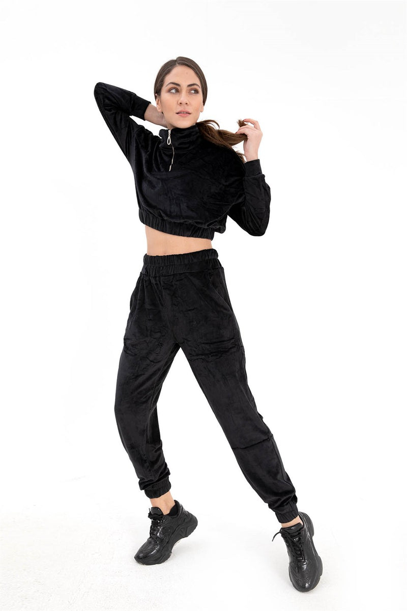 Women's Zippered Velvet Tracksuit Suit - Black - STREETMODE™