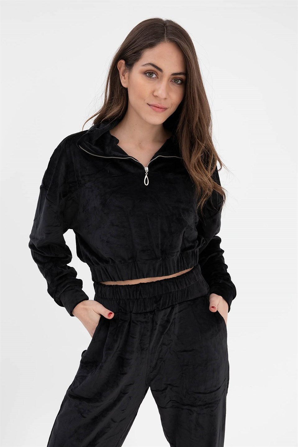 Women's Zippered Velvet Tracksuit Suit - Black - STREETMODE™