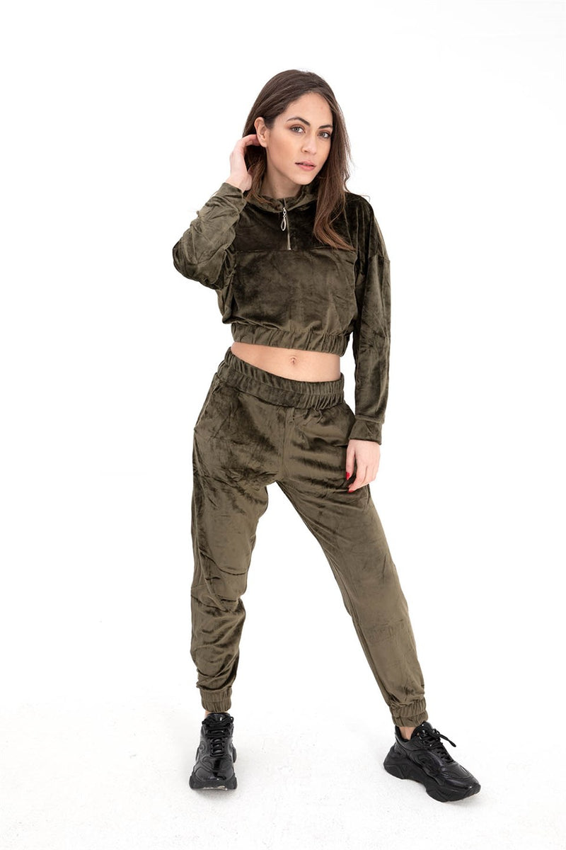 Women's Zippered Velvet Tracksuit Suit - Khaki - STREETMODE™