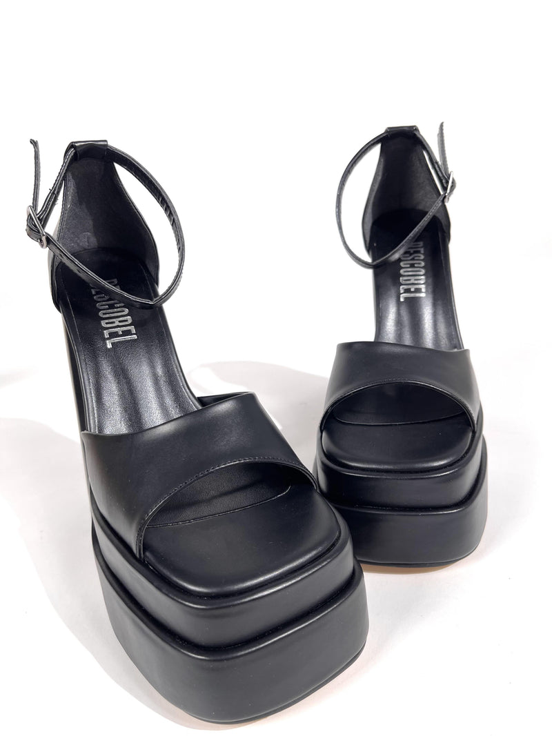 Women's Zoon Black Skin High Double Platform Open-Front Sandals Shoes - STREETMODE™