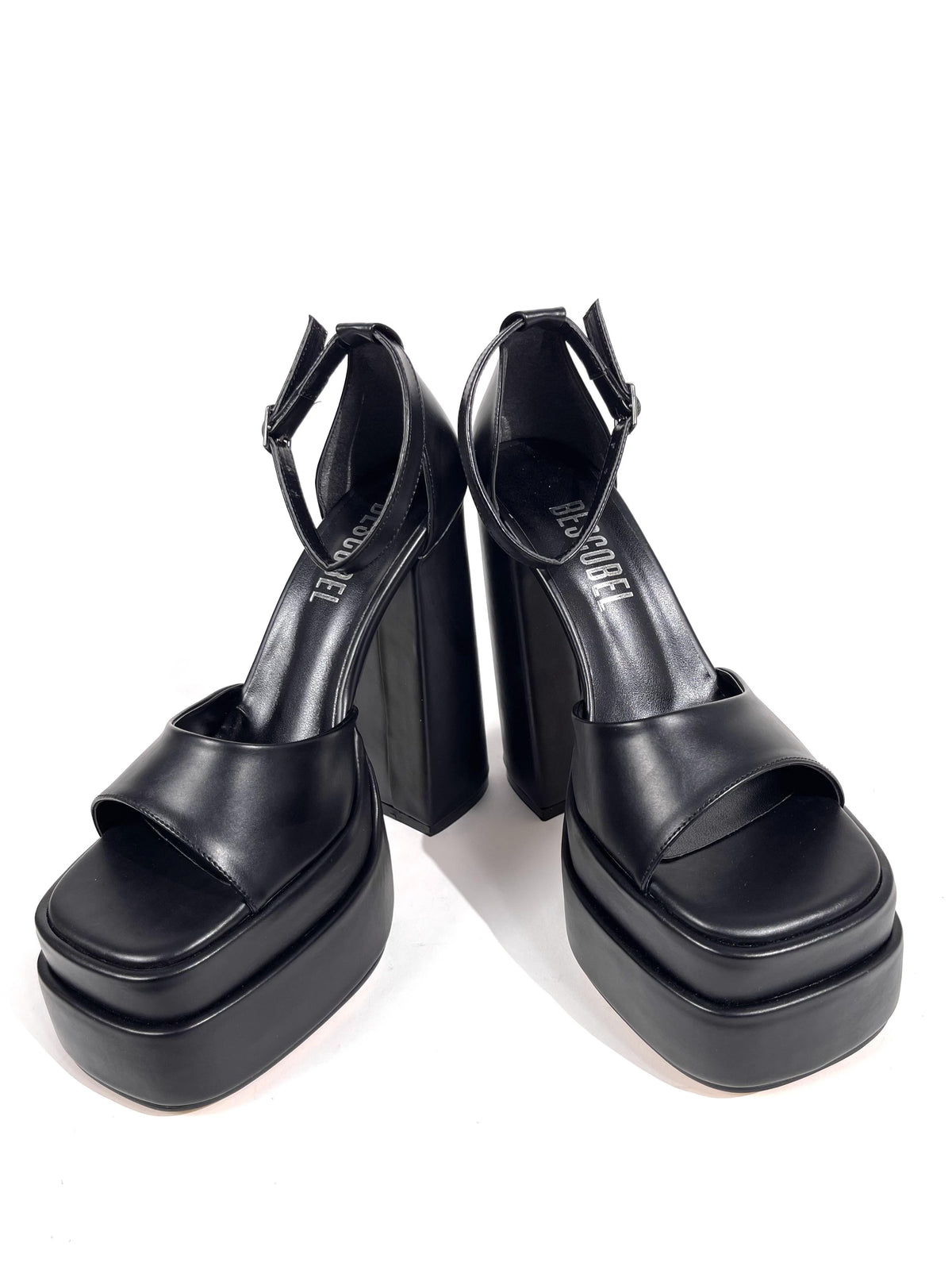 Women's Zoon Black Skin High Double Platform Open-Front Sandals Shoes - STREETMODE™