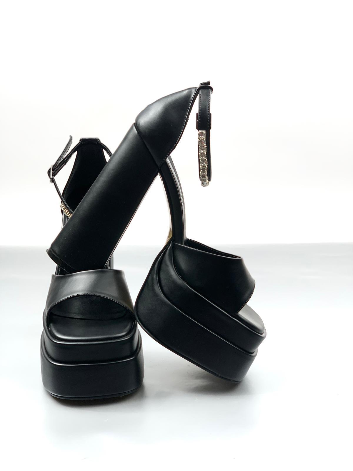 Women's Zoon Black Skin High Double Platform Open Toe Sandals Shoes - STREETMODE™