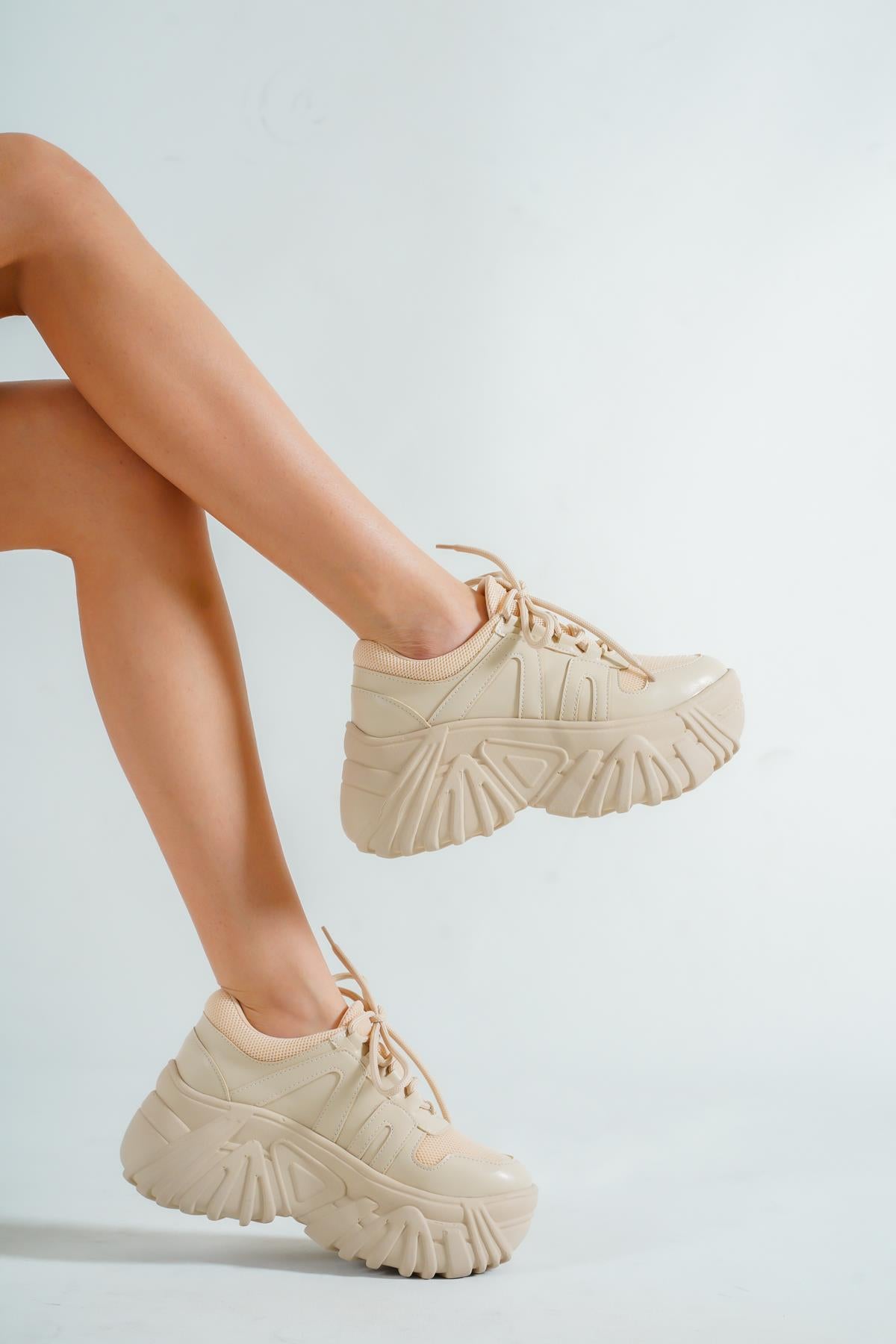 Women's beige high sole sneaker sports shoes - STREETMODE™